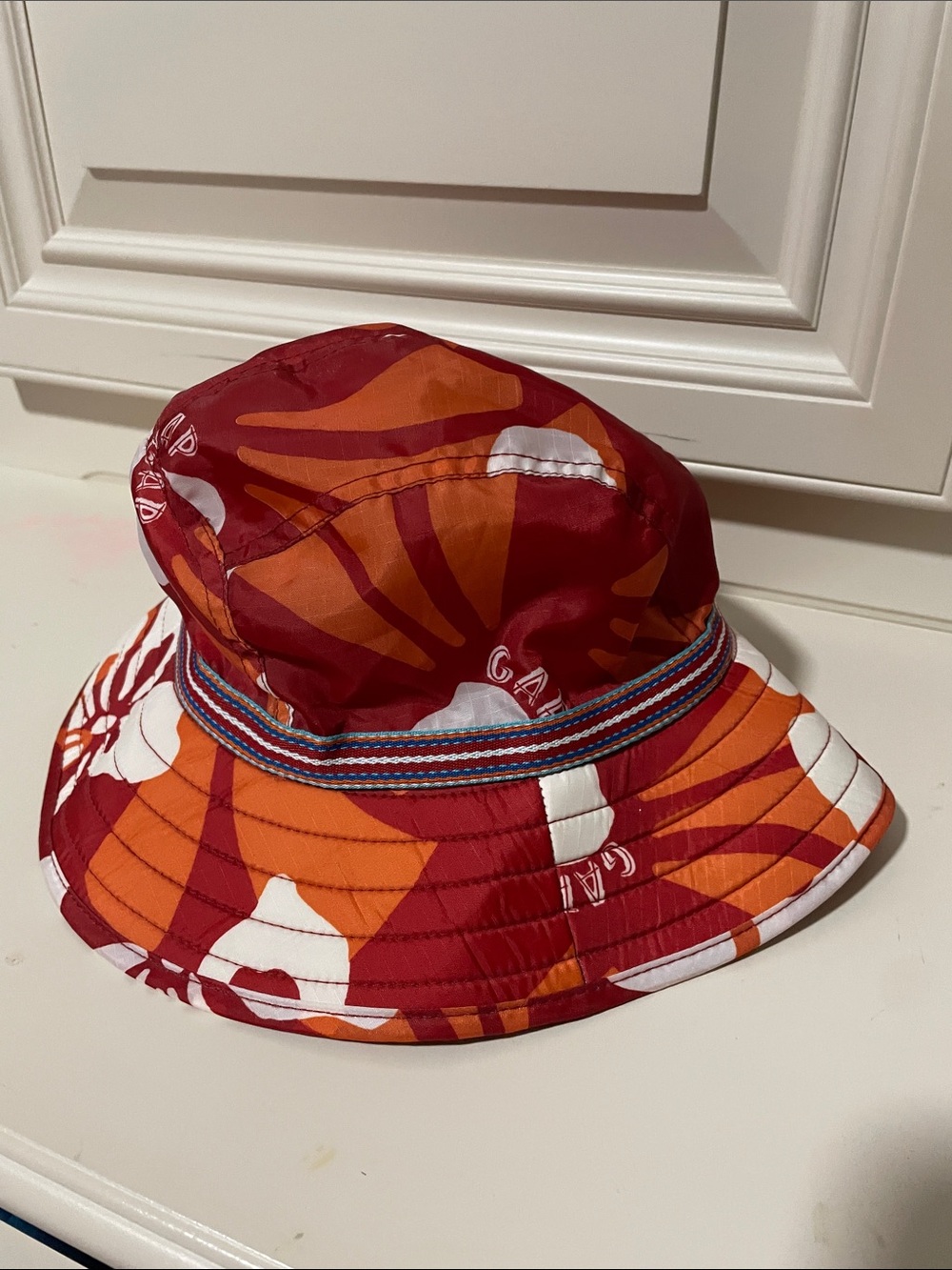 GAP Red and Orange Printed Bucket Hat with Striped Band